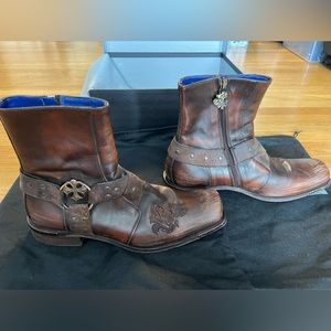 Mark Nason Cabrillo Distressed Iron Cross Brown Harness Boots Sz 8.5 MadeinItaly